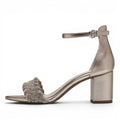 ShoeShop Marco Tozzi metallic gold block heel sandals with a decorative braided strap and ankle buckle closure