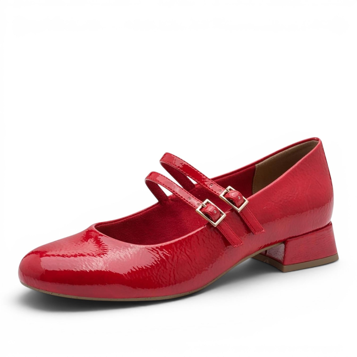 ShoeShop Marco Tozzi red patent leather Mary Jane shoes with double buckle straps and a low block heel.