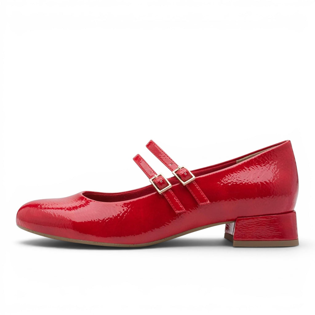 ShoeShop Marco Tozzi red patent leather Mary Jane shoes with double straps and a low block heel