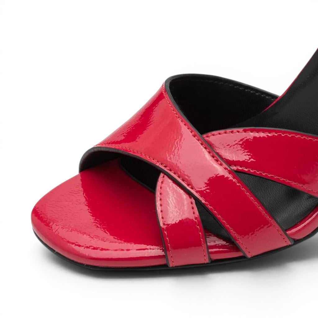 ShoeShop Marco Tozzi red patent leather strappy heeled sandals with a square toe design