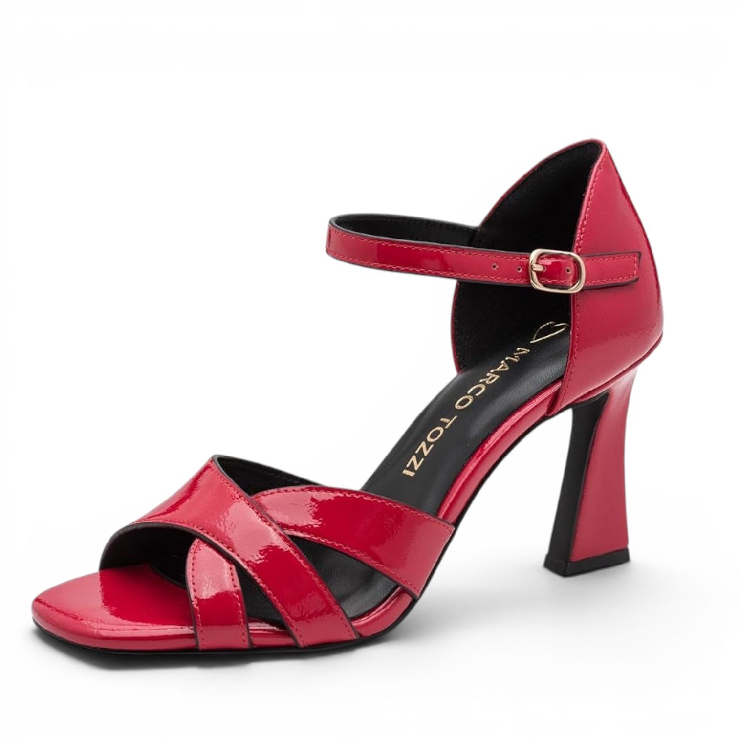 ShoeShop Marco Tozzi red patent leather heeled sandals with crisscross straps and an adjustable ankle buckle