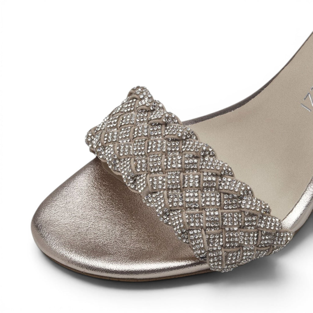 ShoeShop Marco Tozzi metallic champagne heeled sandal with a braided rhinestone-embellished strap