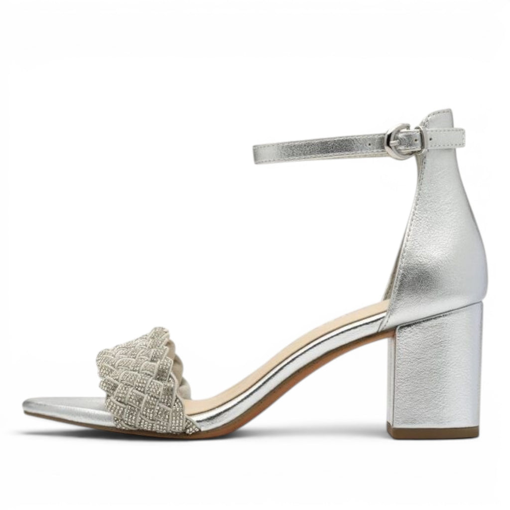 ShoeShop Marco Tozzi silver block heel sandals with a decorative embellished braided front strap and ankle buckle