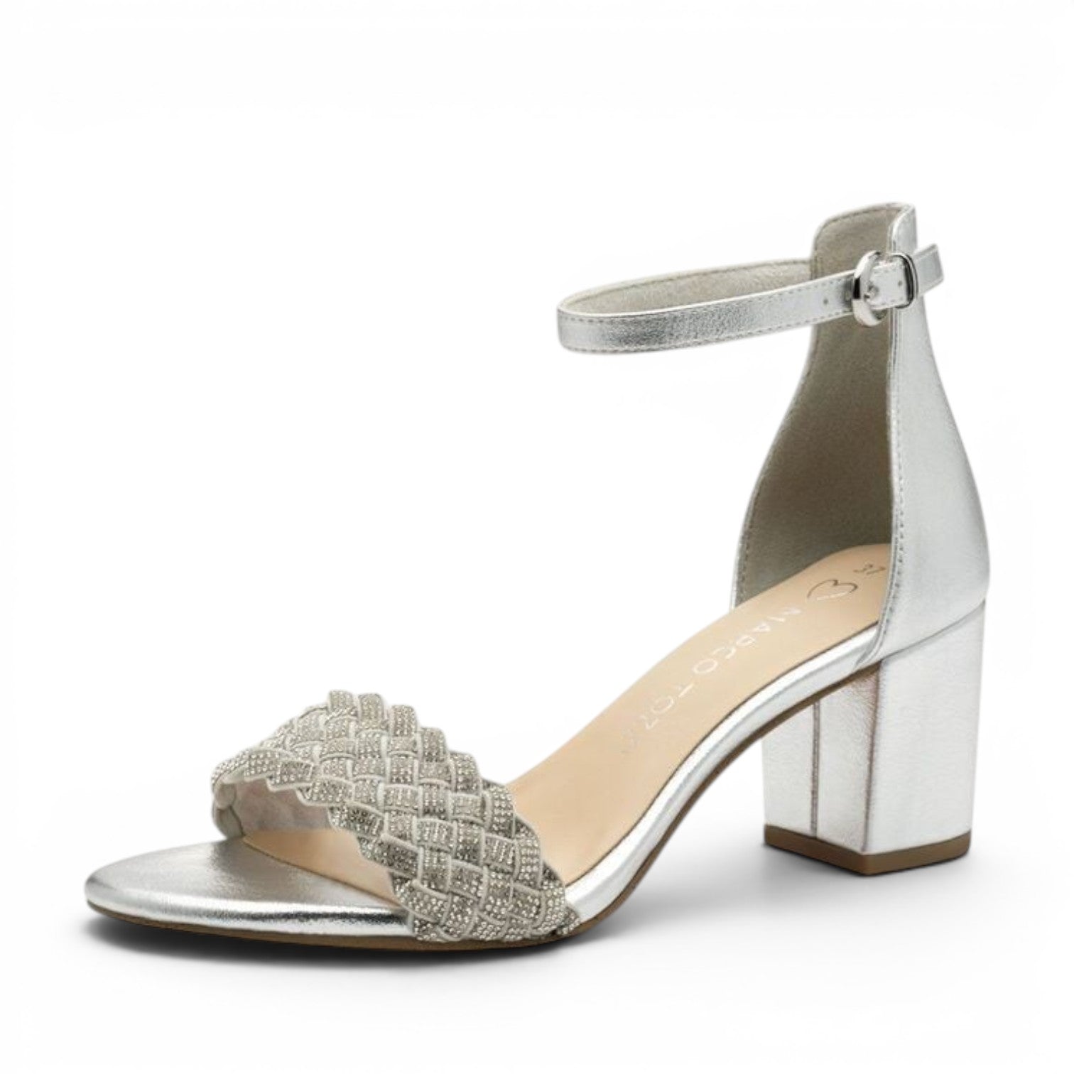 ShoeShop Marco Tozzi silver block heel sandals with a decorative embellished woven strap and ankle buckle closure