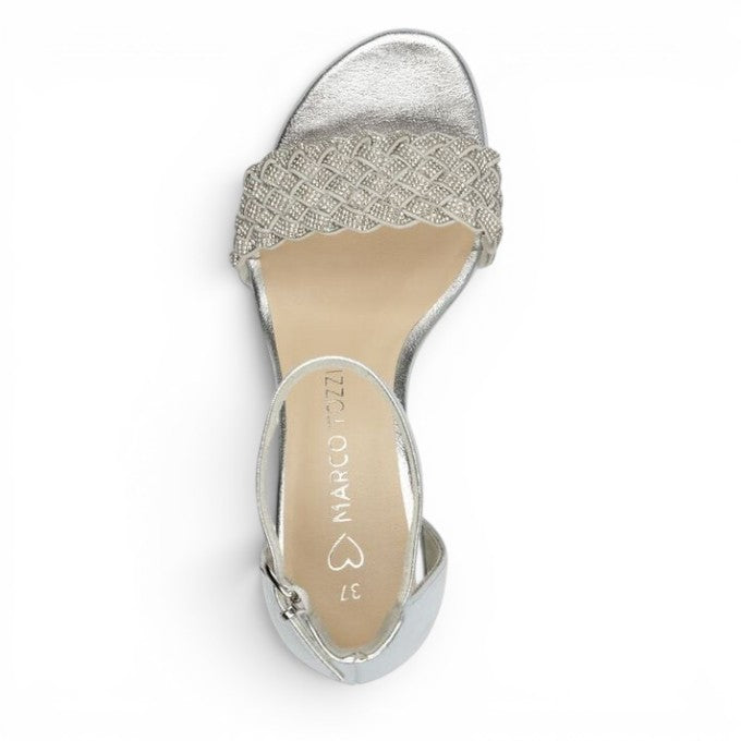 ShoeShop Marco Tozzi silver metallic heeled sandals with a braided front strap, top-down view.