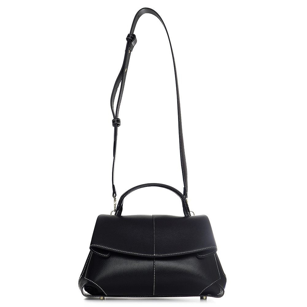 ShoeShop Moki black leather handbag with a top handle, detachable shoulder strap, and metal clasp closure.