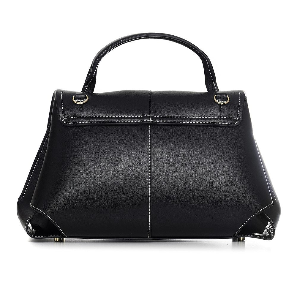 ShoeShop Moki black leather handbag with a structured design, top handle, and white contrast stitching.