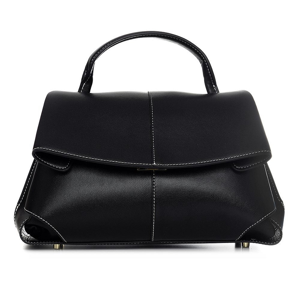 ShoeShop Moki black leather handbag with a top handle, white contrast stitching, and a metal clasp closure.