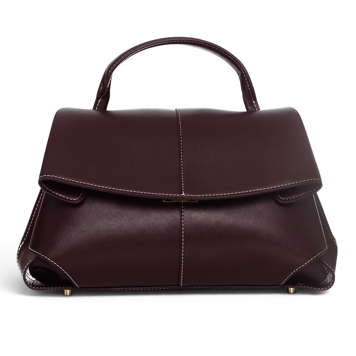 ShoeShop Moki dark burgundy leather handbag with a top handle, white contrast stitching, and metal clasp closure.