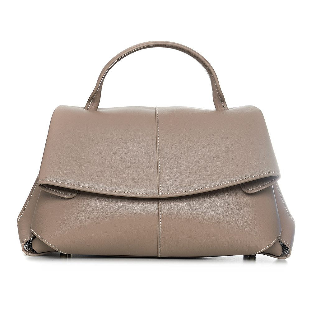 ShoeShop Moki taupe leather handbag with a top handle and metal clasp closure, elegant structured design.