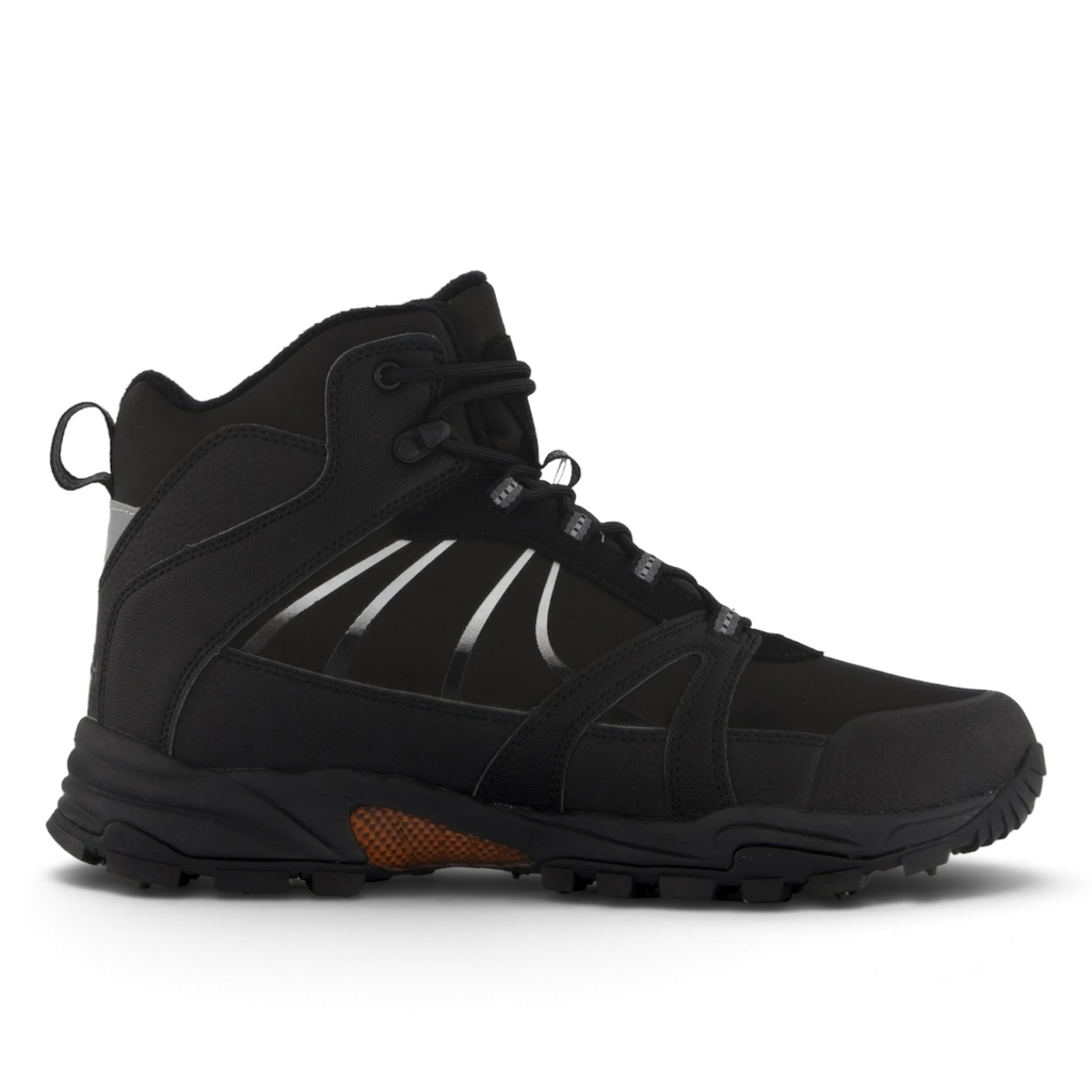 ShoeShop Network black high-top hiking boot with reflective side detailing and a rugged treaded sole