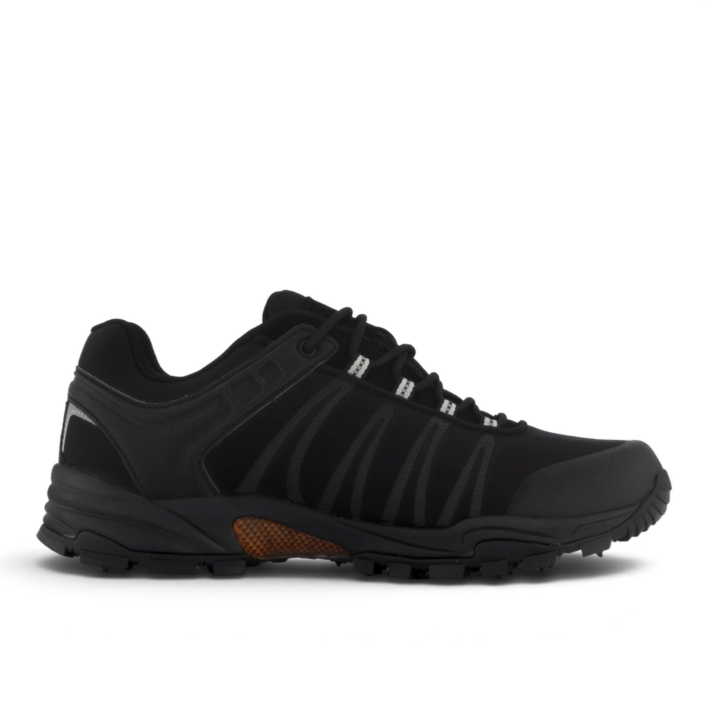 ShoeShop Network black athletic outdoor sneaker with a rugged treaded sole and side carbon fiber detail