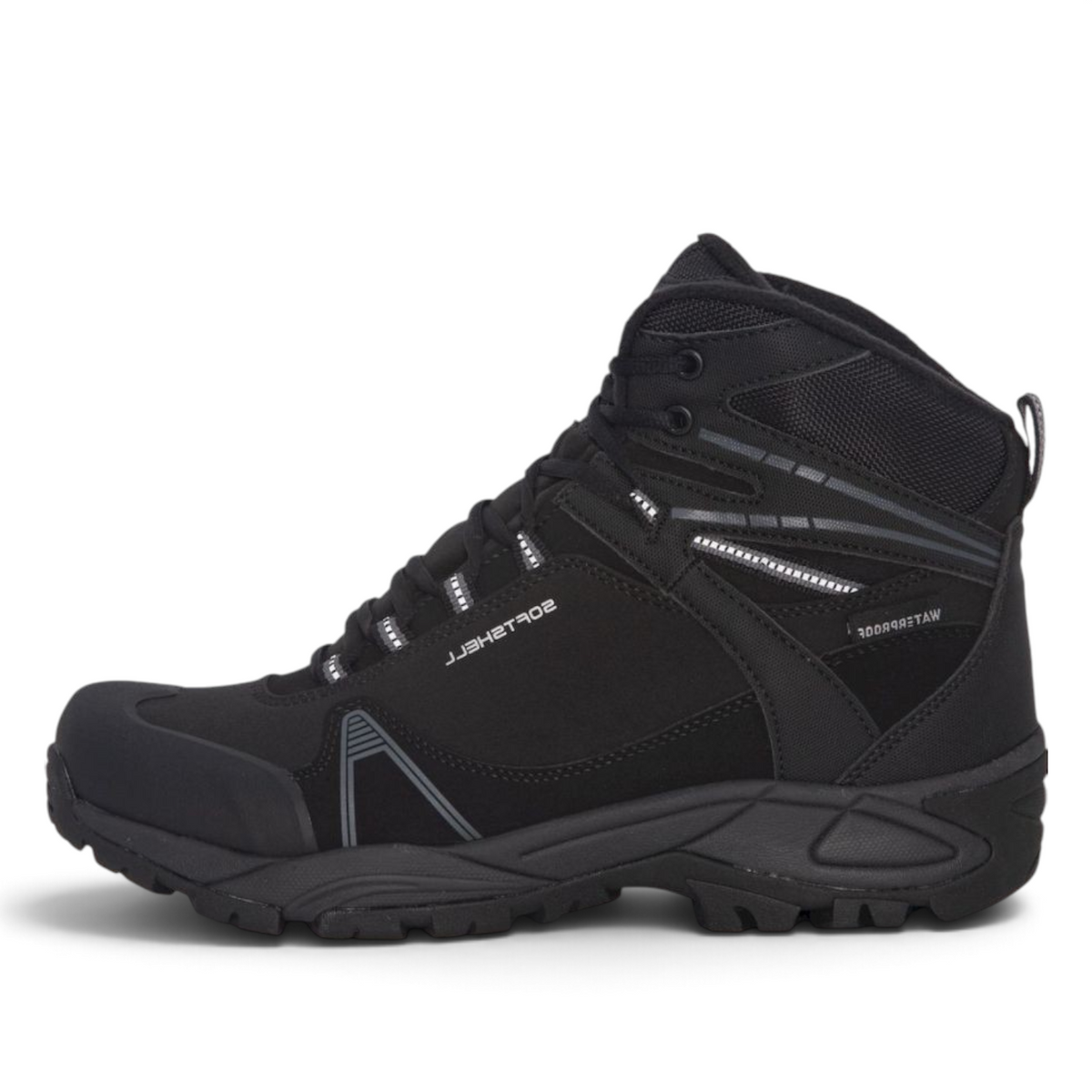 ShoeShop Network black waterproof hiking boots with durable synthetic upper and rugged traction sole