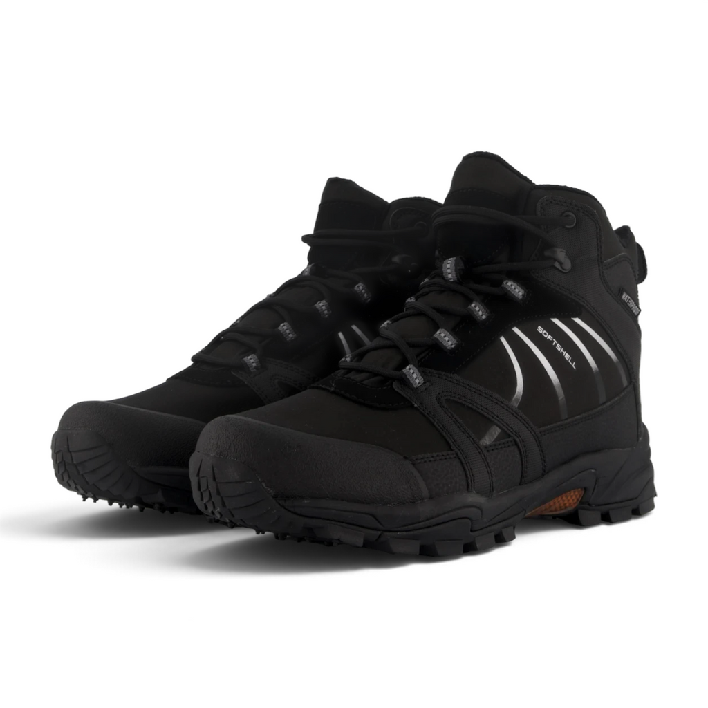 ShoeShop Network waterproof black softshell hiking boots with rugged tread and lace-up closure