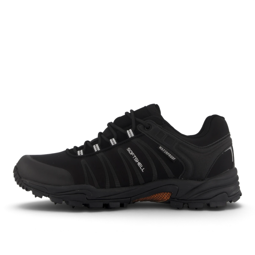 ShoeShop Network black waterproof softshell hiking shoe with durable tread and lace-up closure
