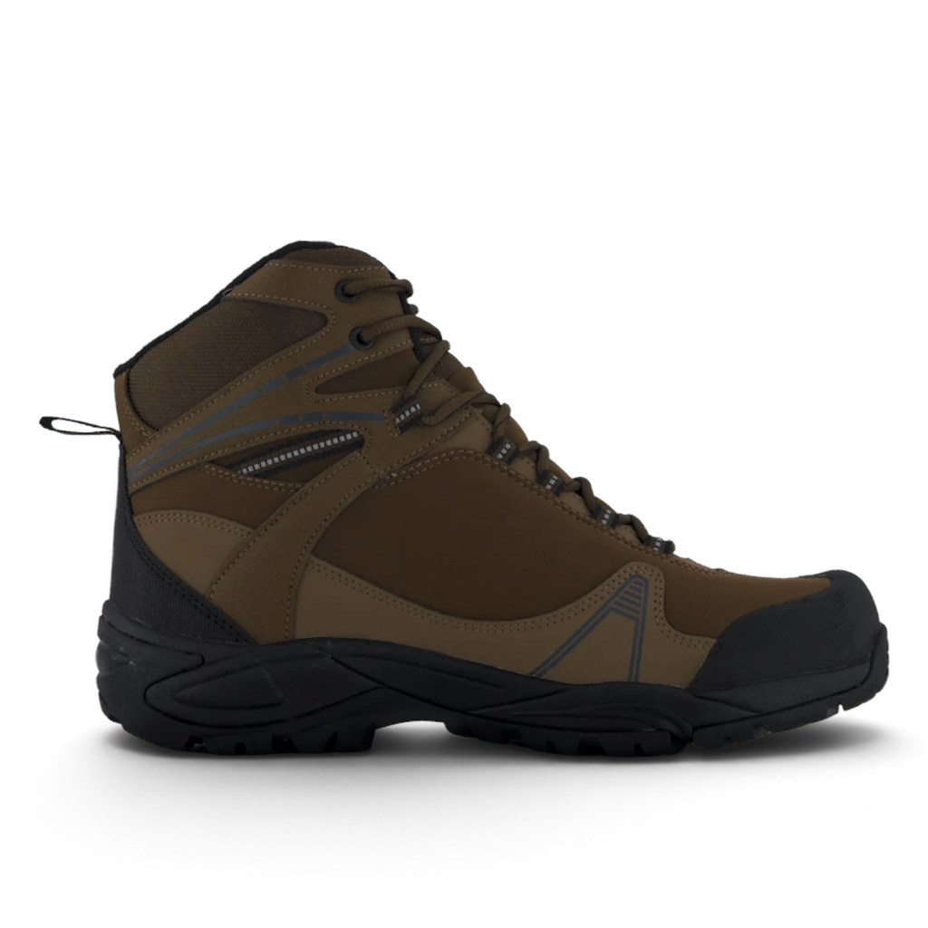 ShoeShop Network brown high-top hiking boots with durable synthetic upper and rugged black rubber sole