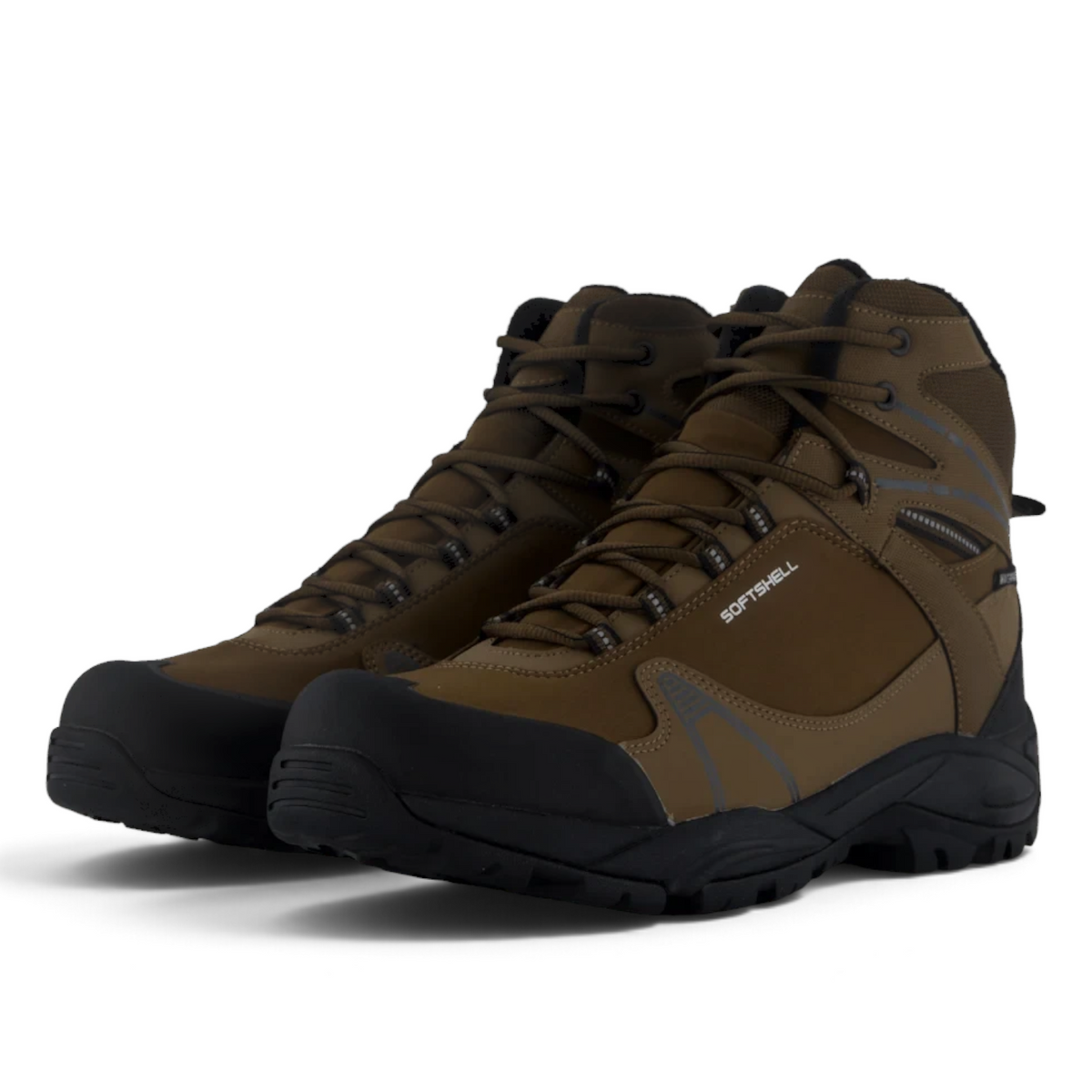 ShoeShop Network brown softshell hiking boots with durable black rubber toe caps and rugged outsoles