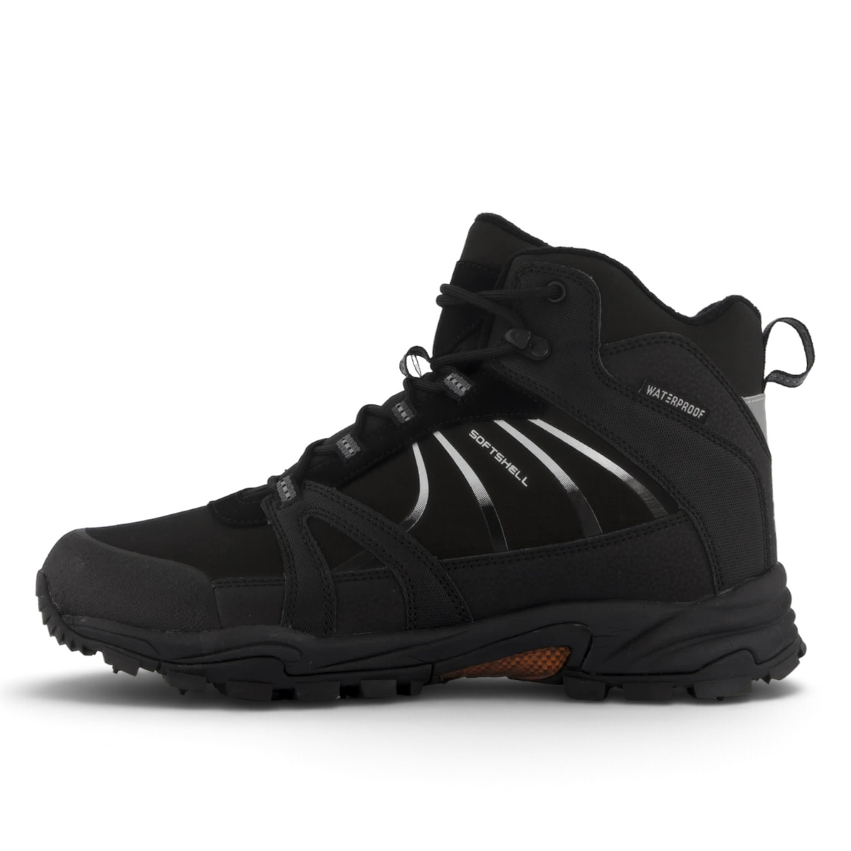 ShoeShop Network waterproof black softshell hiking boots with durable lugged sole and side lace-up closure