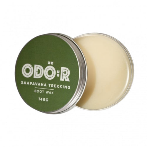 ShoeShop Odöör 140g natural boot wax in a round metal tin for leather and Gore-Tex hiking footwear care.