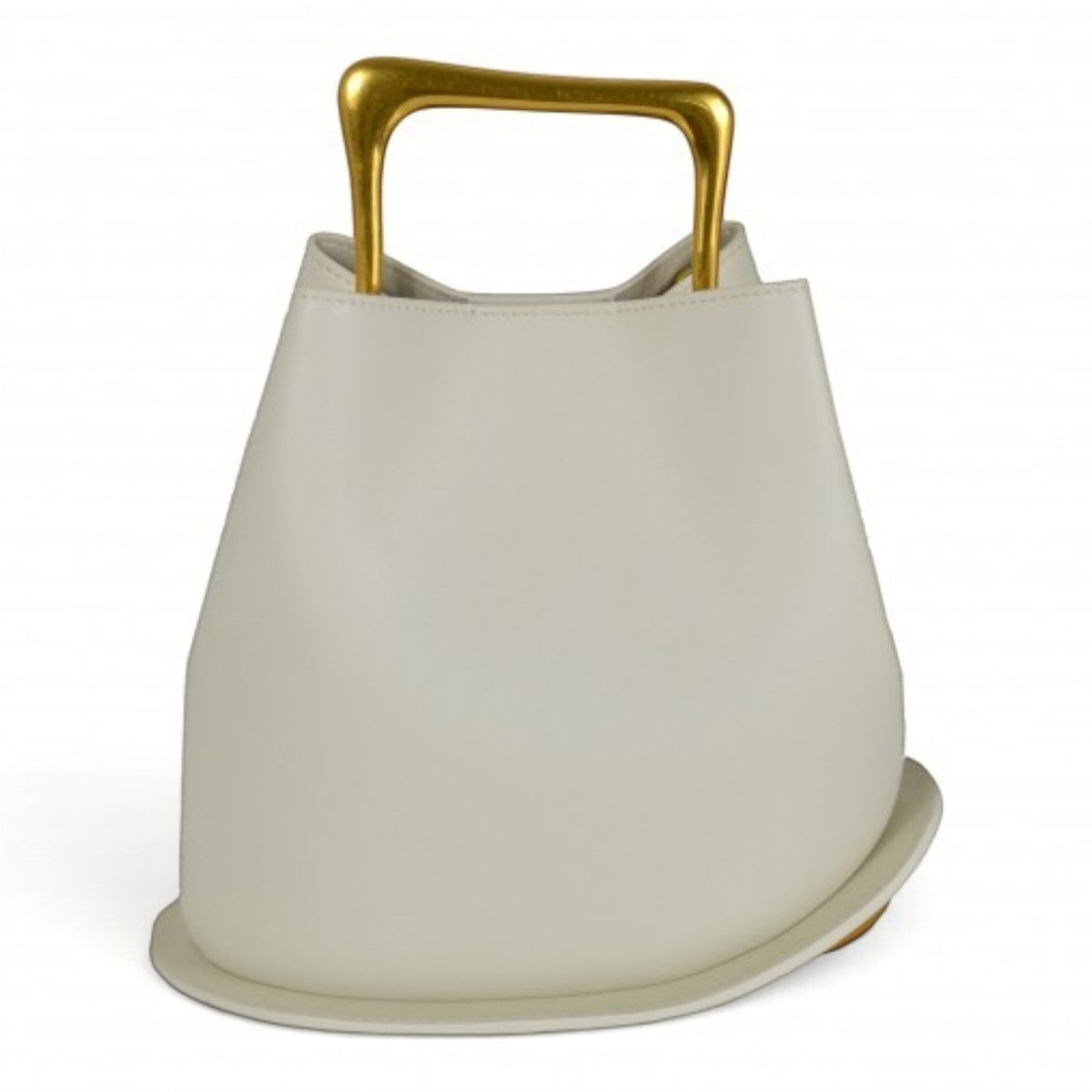 ShoeShop off-white structured bucket bag with a unique gold-toned metal top handle on a white background