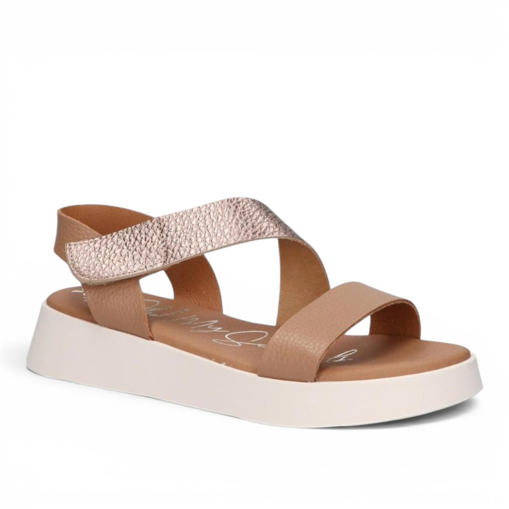 ShoeShop Oh My Sandals 5652 featuring beige leather straps with a metallic rose gold accent and a white platform sole.