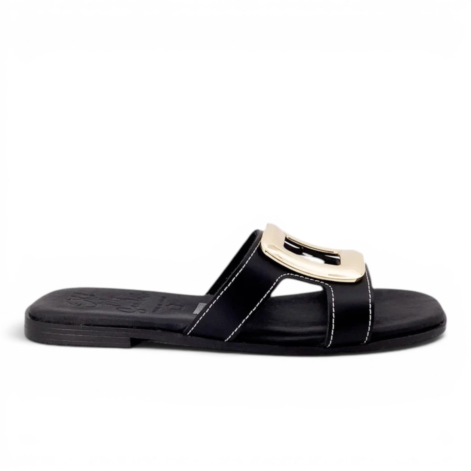 ShoeShop Oh My Sandals 5565 black leather slide sandals with a large gold-tone decorative buckle