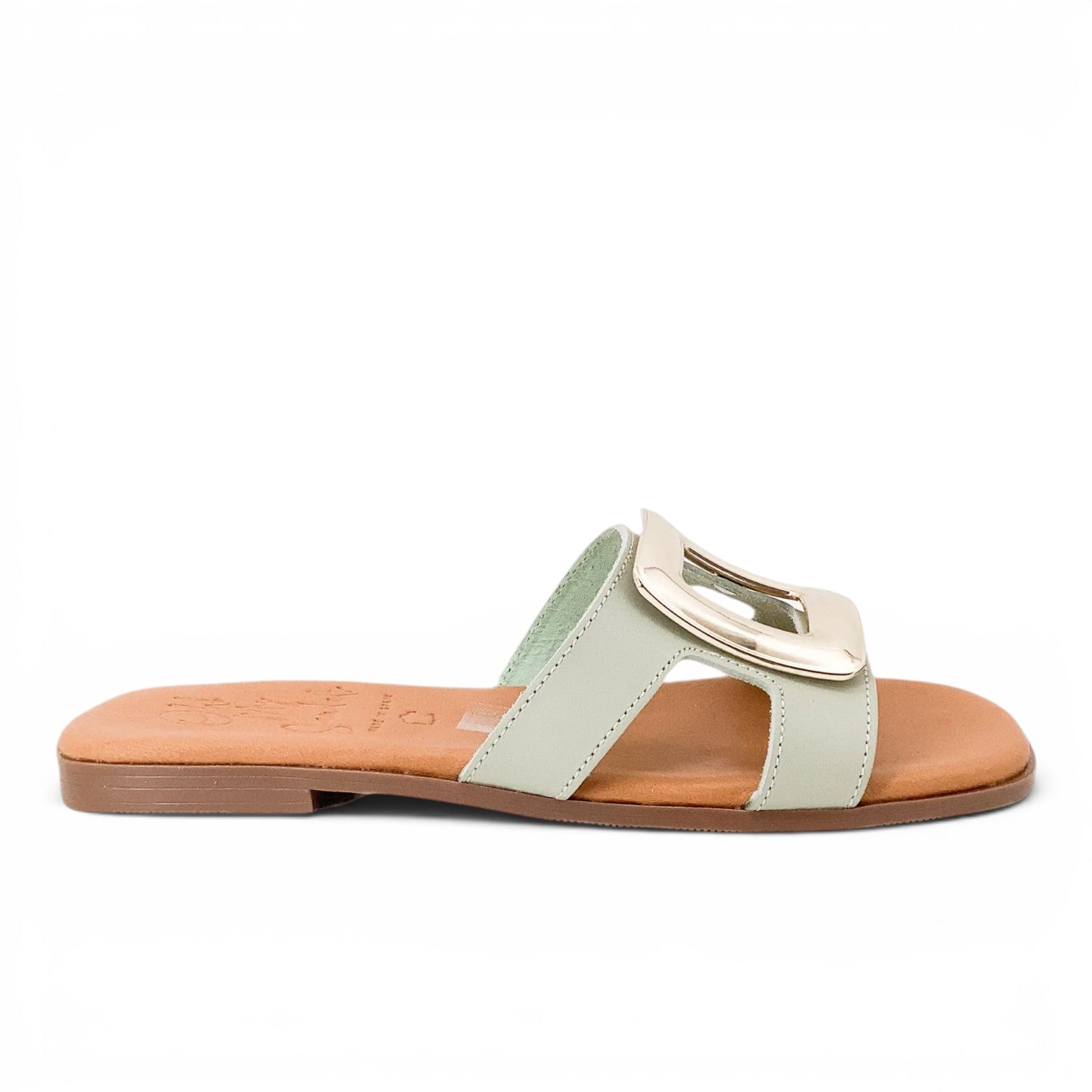 ShoeShop Oh My Sandals 5565 in light green leather with a large metallic gold buckle and tan cushioned footbed