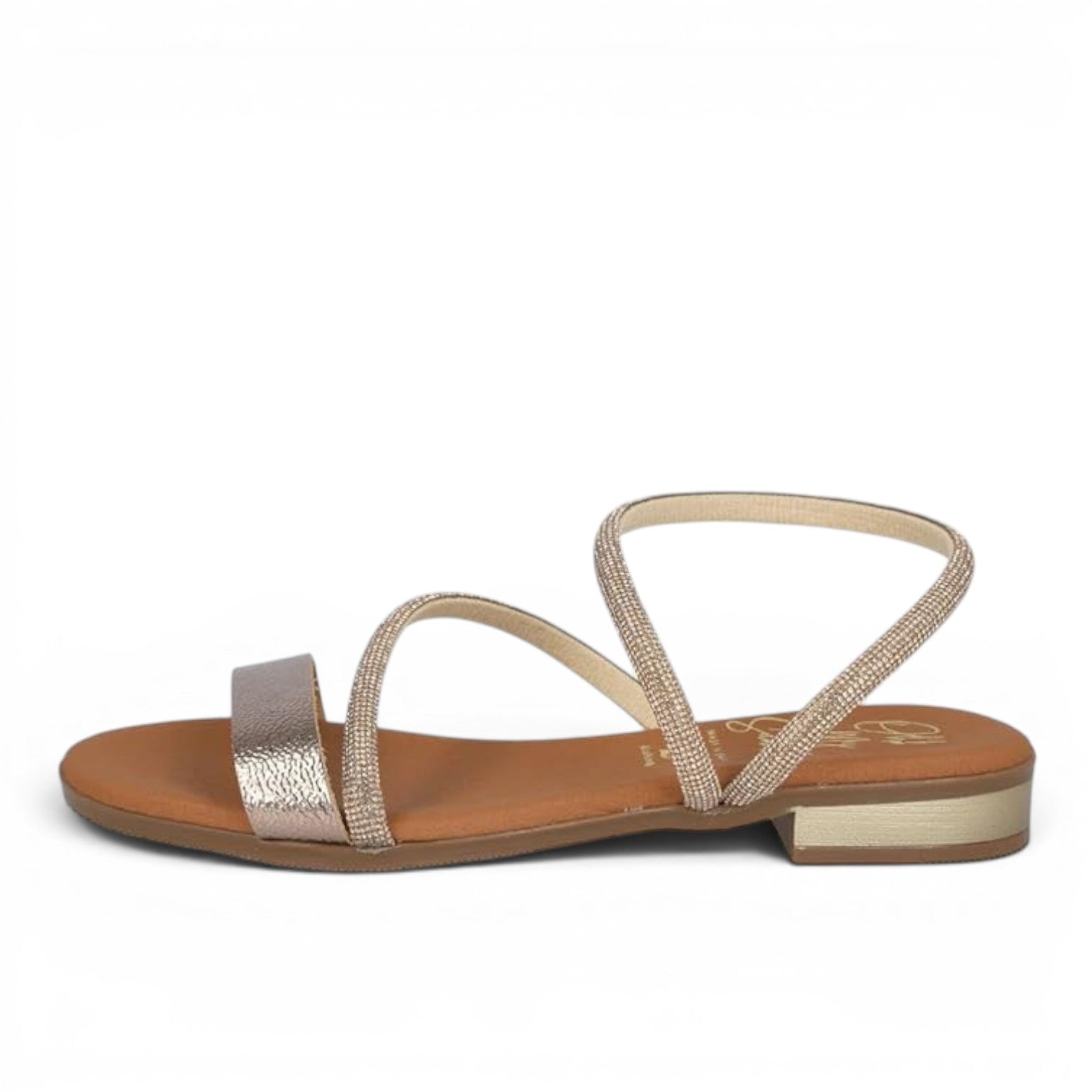 ShoeShop Oh My Sandals 5586 in metallic rose gold with rhinestone-embellished straps and a low block heel