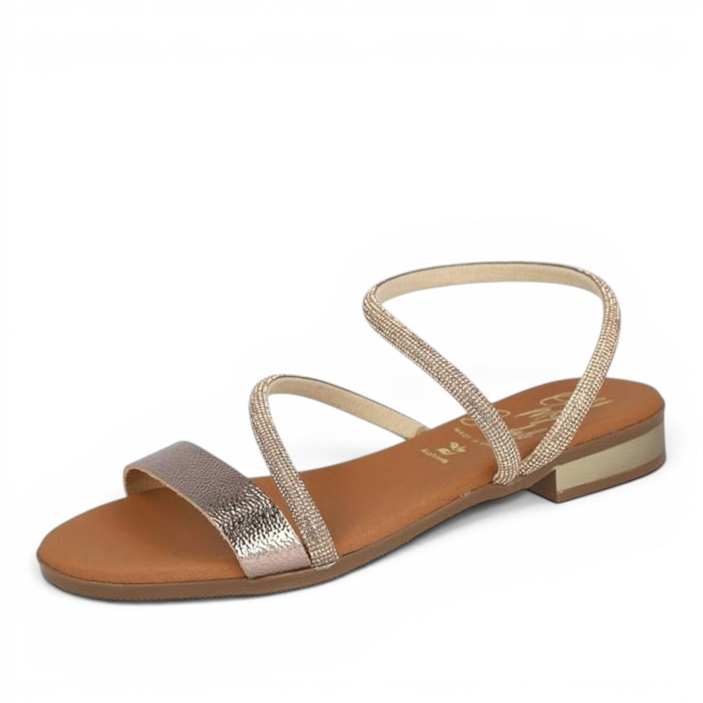 ShoeShop Oh My Sandals 5586 featuring metallic rose gold straps with rhinestone embellishments and a flat sole