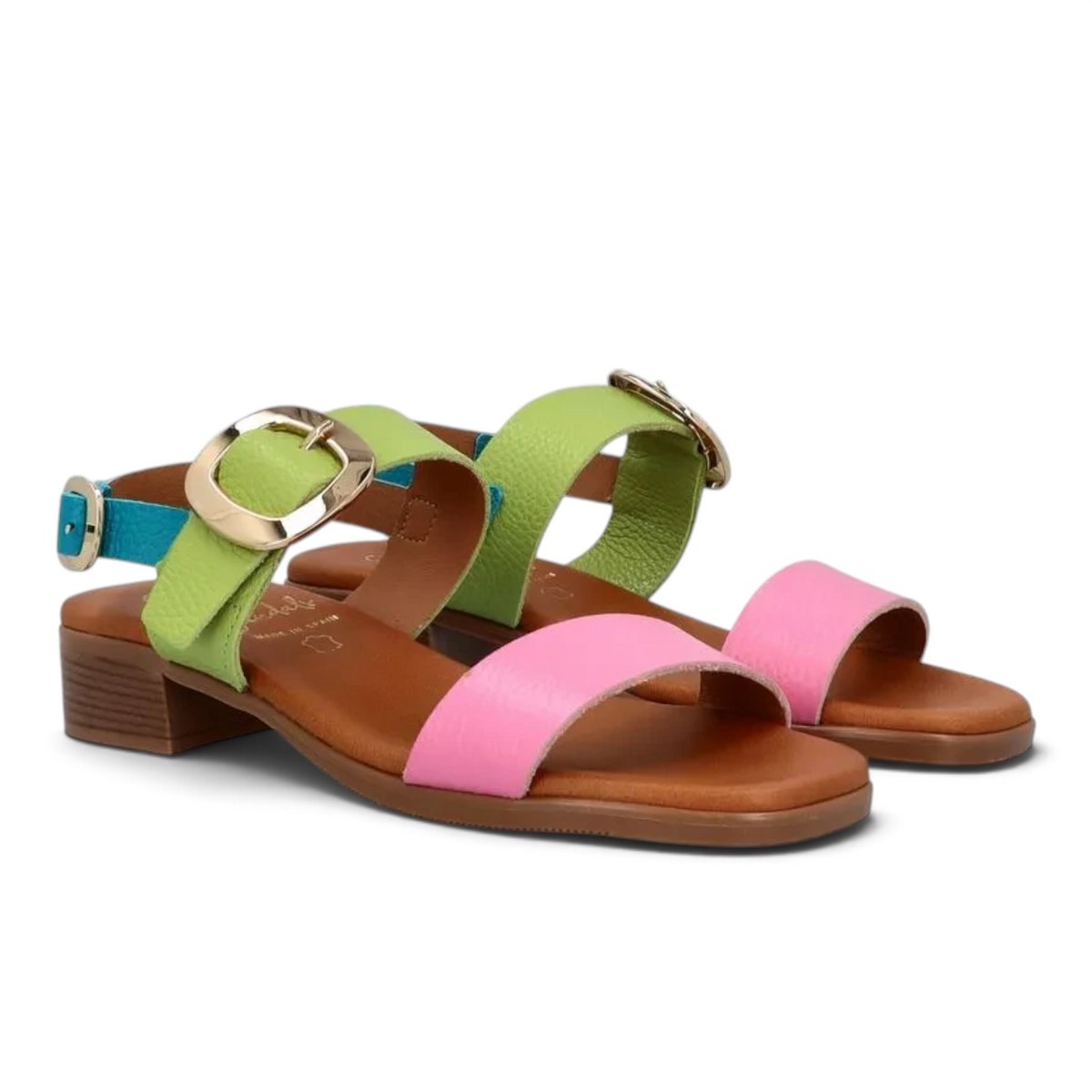 ShoeShop Oh My Sandals 5609 featuring multi-colored leather straps in lime green, pink, and blue with gold buckles.
