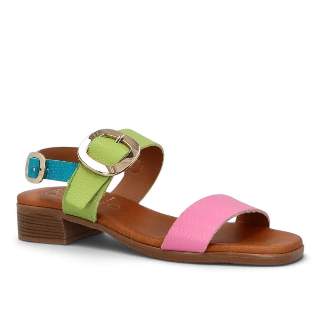 ShoeShop Oh My Sandals 5609 featuring a multi-colored leather design with lime green, pink, and blue straps.