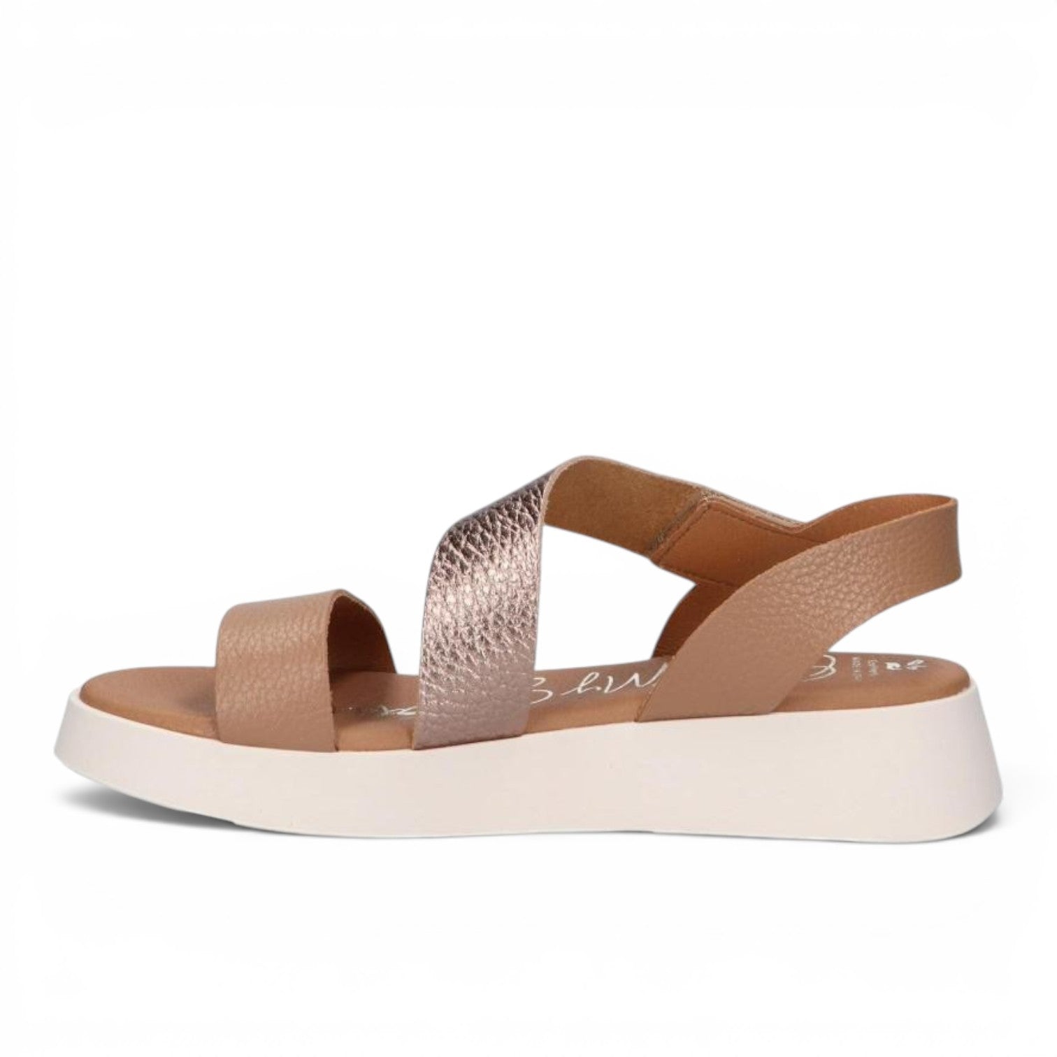 ShoeShop Oh My Sandals 5652 featuring tan leather straps with a metallic rose gold accent and a white platform sole.