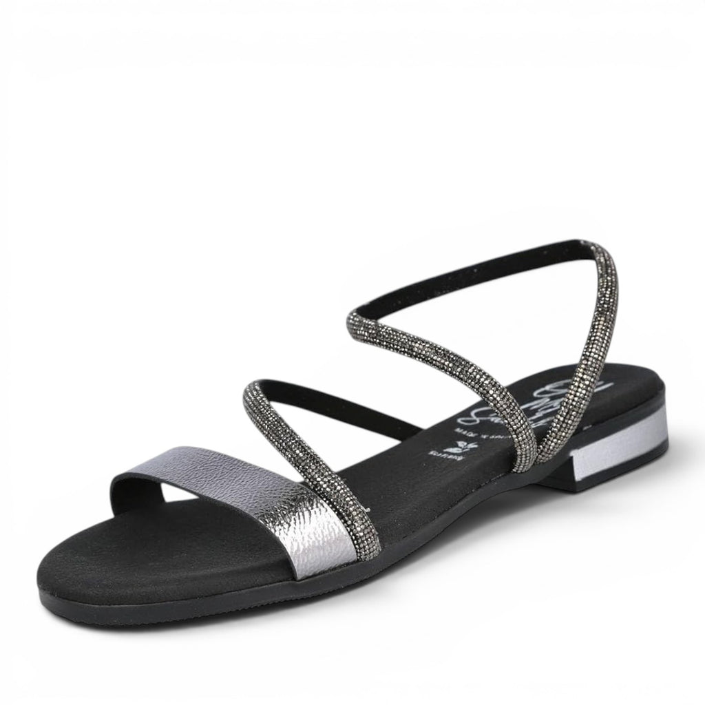ShoeShop Oh My Sandals 5586 featuring metallic silver straps and sparkling rhinestone embellished ankle straps.