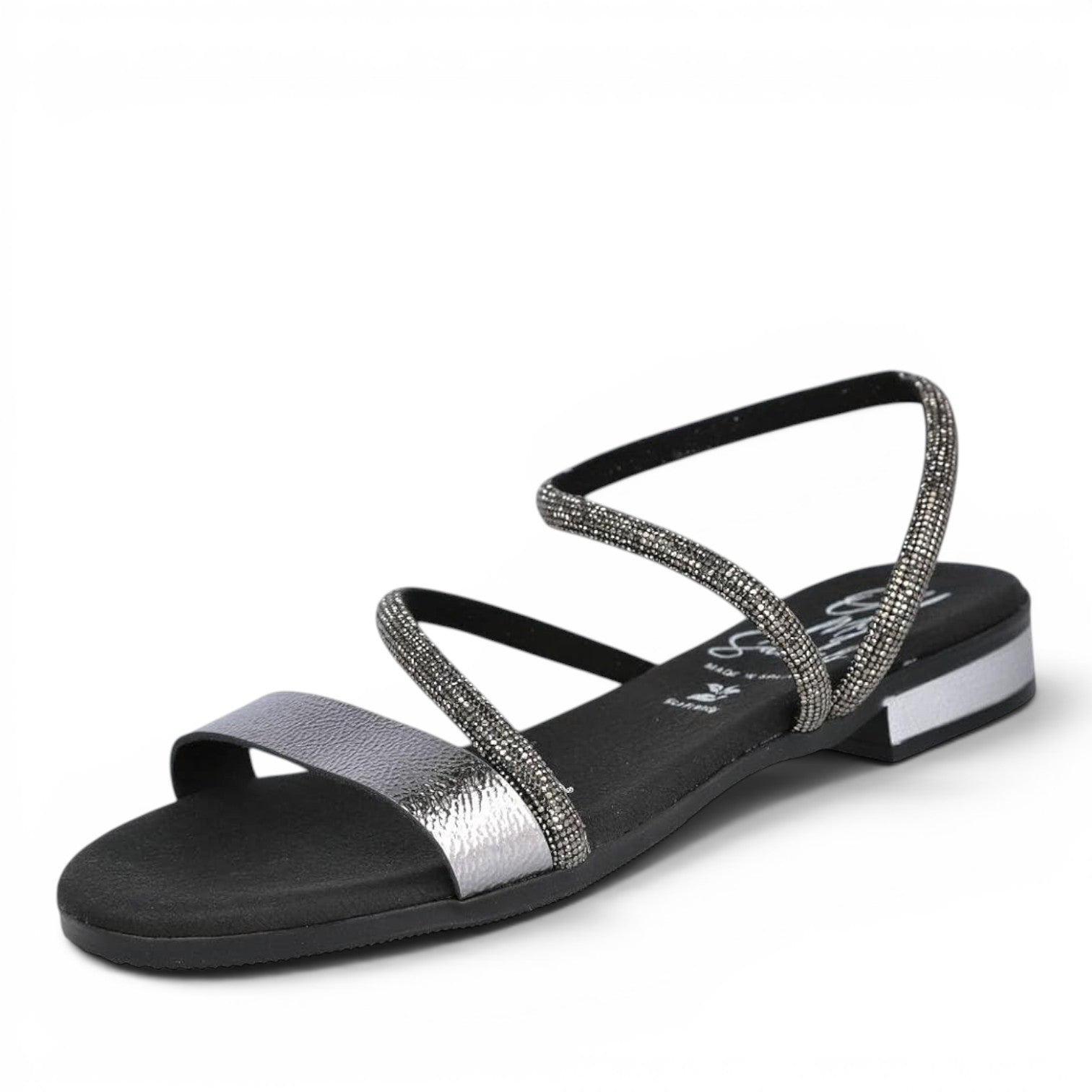 ShoeShop Oh My Sandals 5586 featuring metallic silver straps and sparkling rhinestone embellished ankle straps.