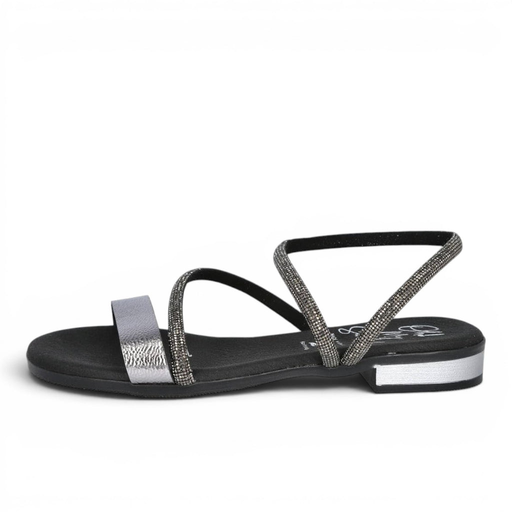 ShoeShop Oh My Sandals 5586 featuring silver metallic straps and sparkling rhinestone embellished detailing