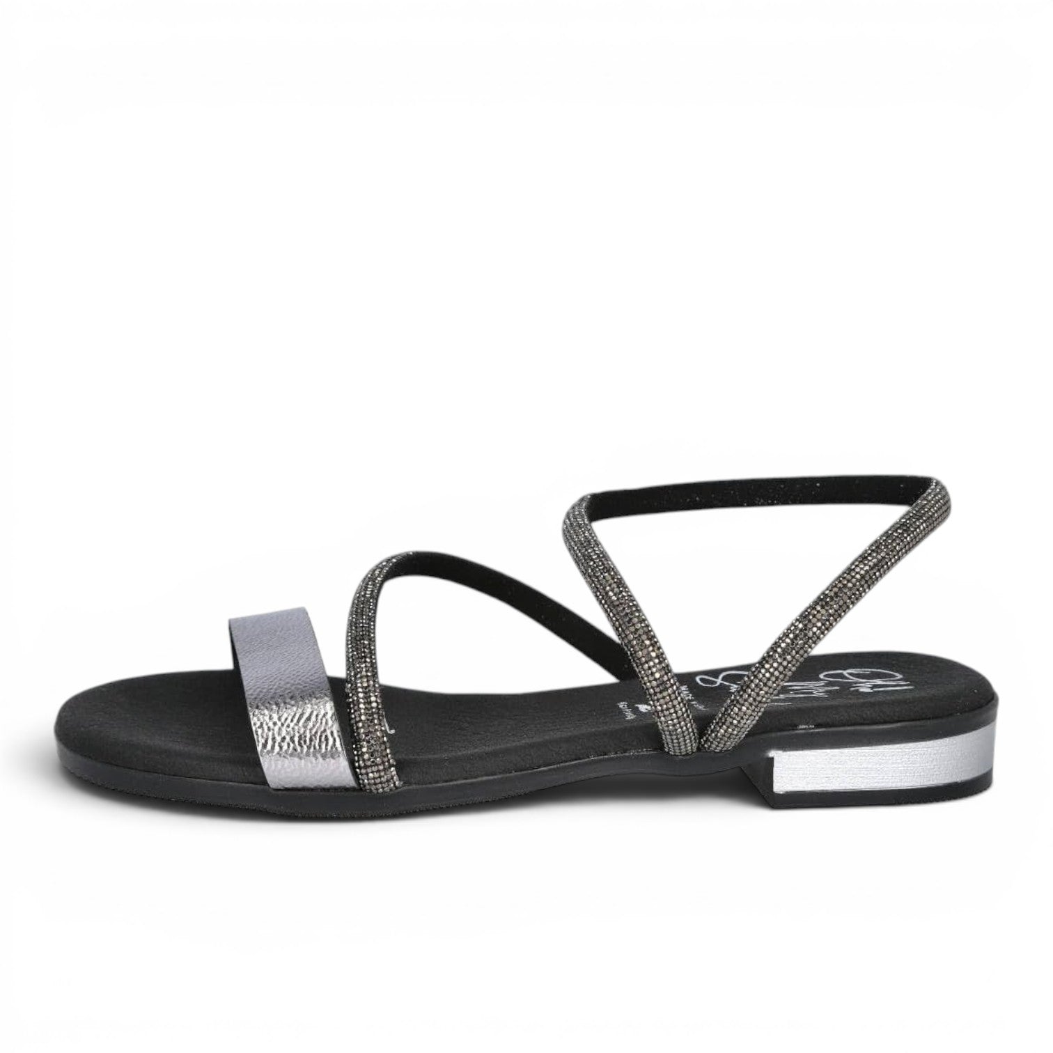 ShoeShop Oh My Sandals 5586 featuring silver metallic straps and sparkling rhinestone embellished detailing
