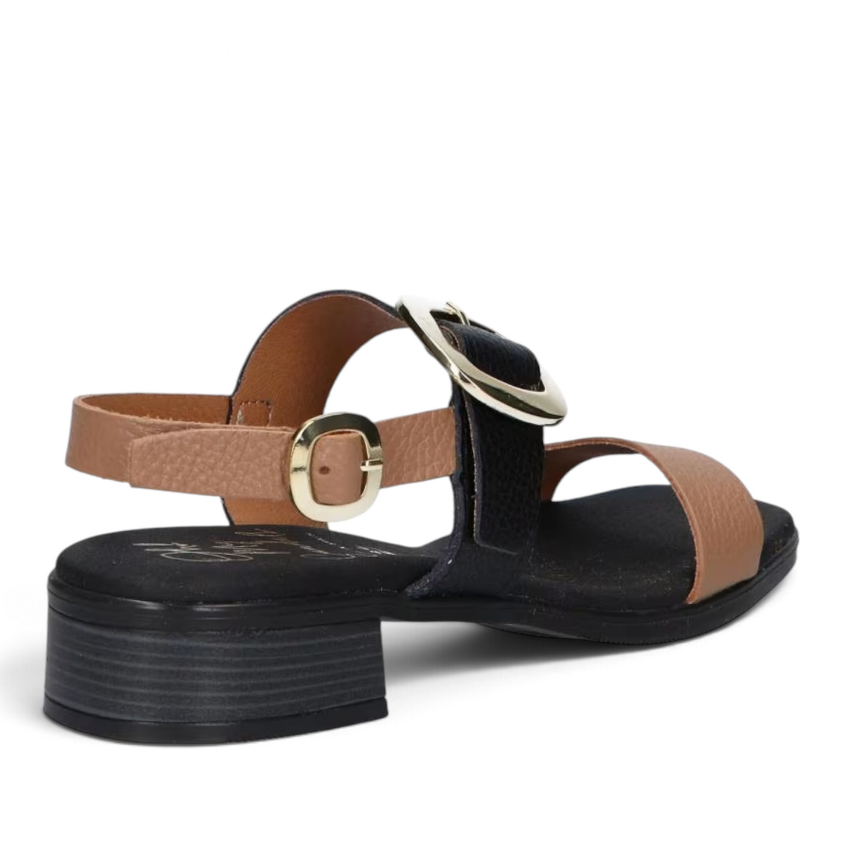 ShoeShop Oh My Sandals 5609 featuring a two-tone black and tan leather design with a gold buckle and low block heel.