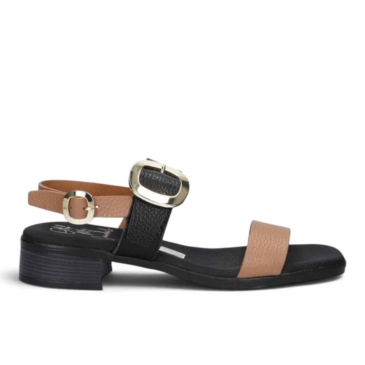 ShoeShop Oh My Sandals 5609 featuring a two-tone black and tan leather design with gold buckle accents and low heel.