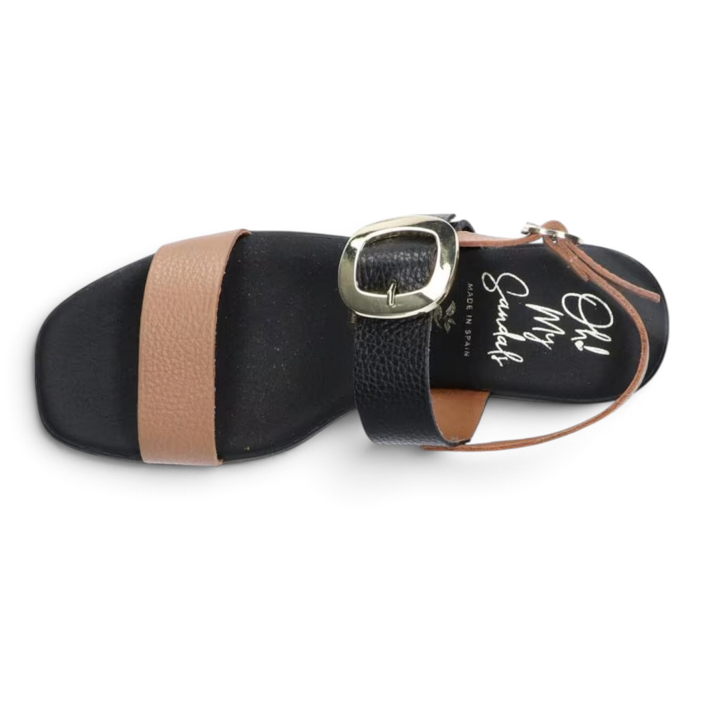 ShoeShop Oh My Sandals 5609 featuring a two-tone black and tan leather design with a large gold buckle detail