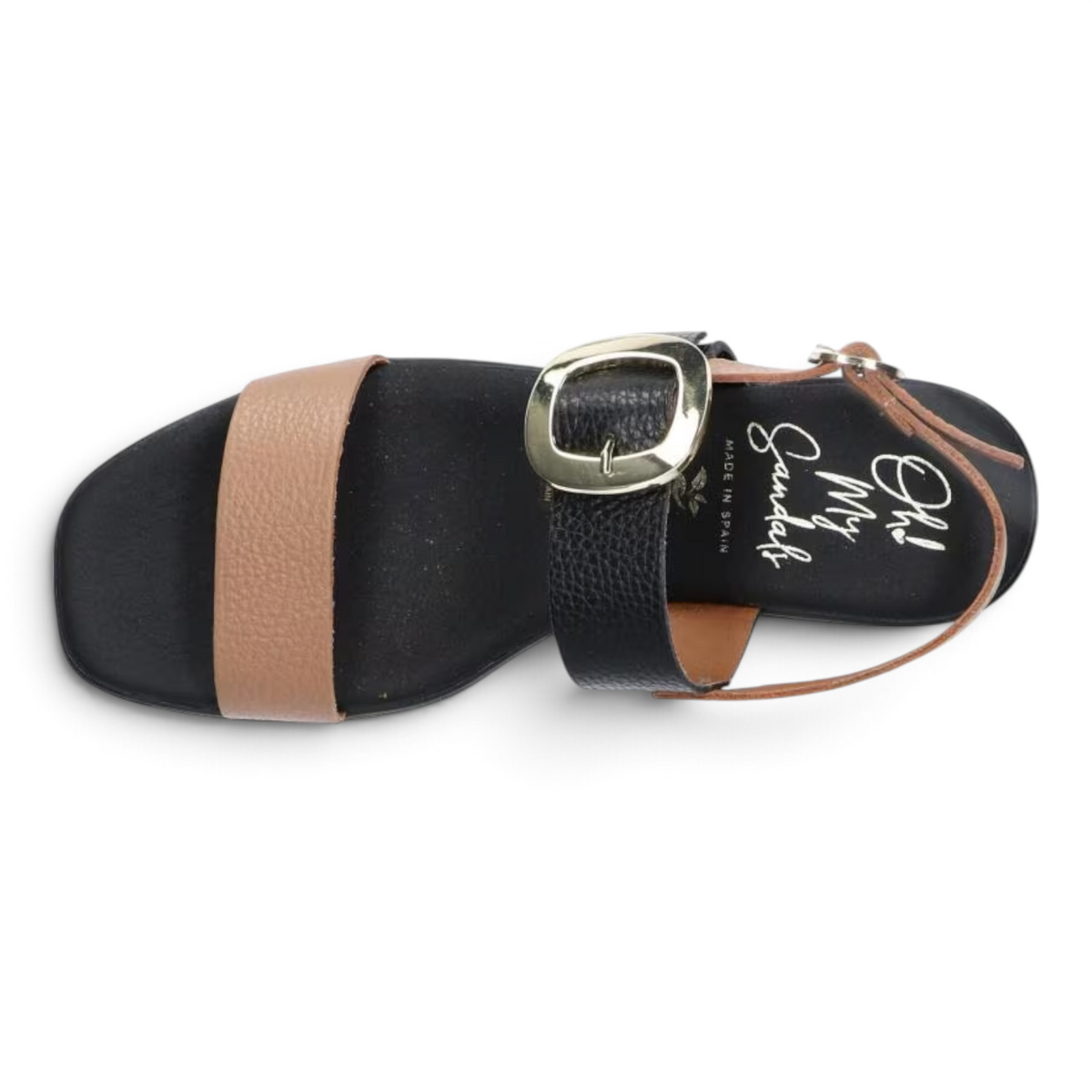 ShoeShop Oh My Sandals 5609 featuring a two-tone black and tan leather design with a large gold buckle detail
