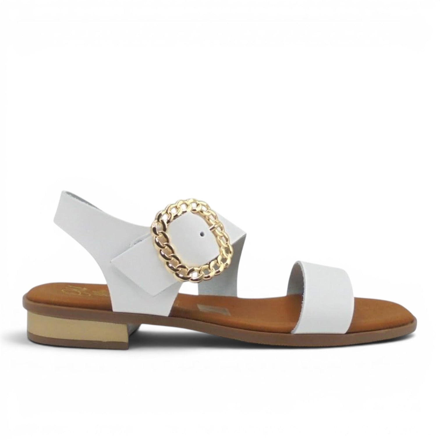 ShoeShop Oh My Sandals 5594 in white leather with a gold chain buckle detail and low block heel