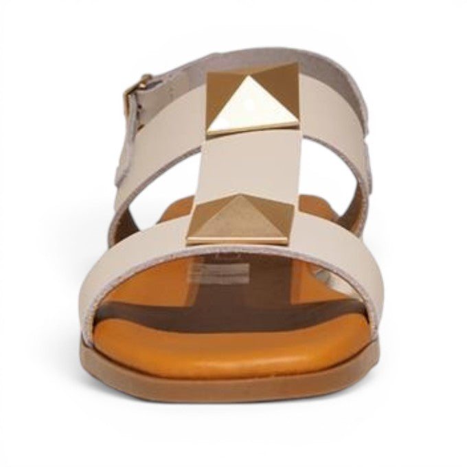 ShoeShop Oh My Sandals 5595 in off-white leather with gold pyramid stud embellishments and a tan footbed