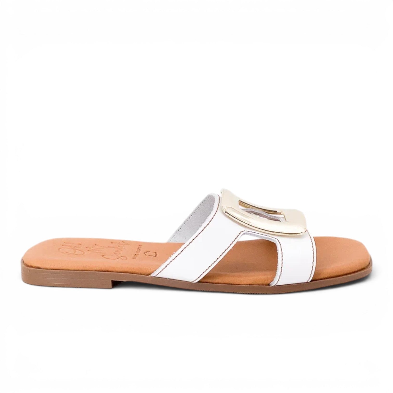 ShoeShop Oh My Sandals 5565 white leather flat slides with a large gold buckle detail and tan footbed