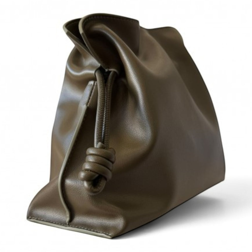 ShoeShop soft olive green leather drawstring handbag with a detachable shoulder strap and textile lining