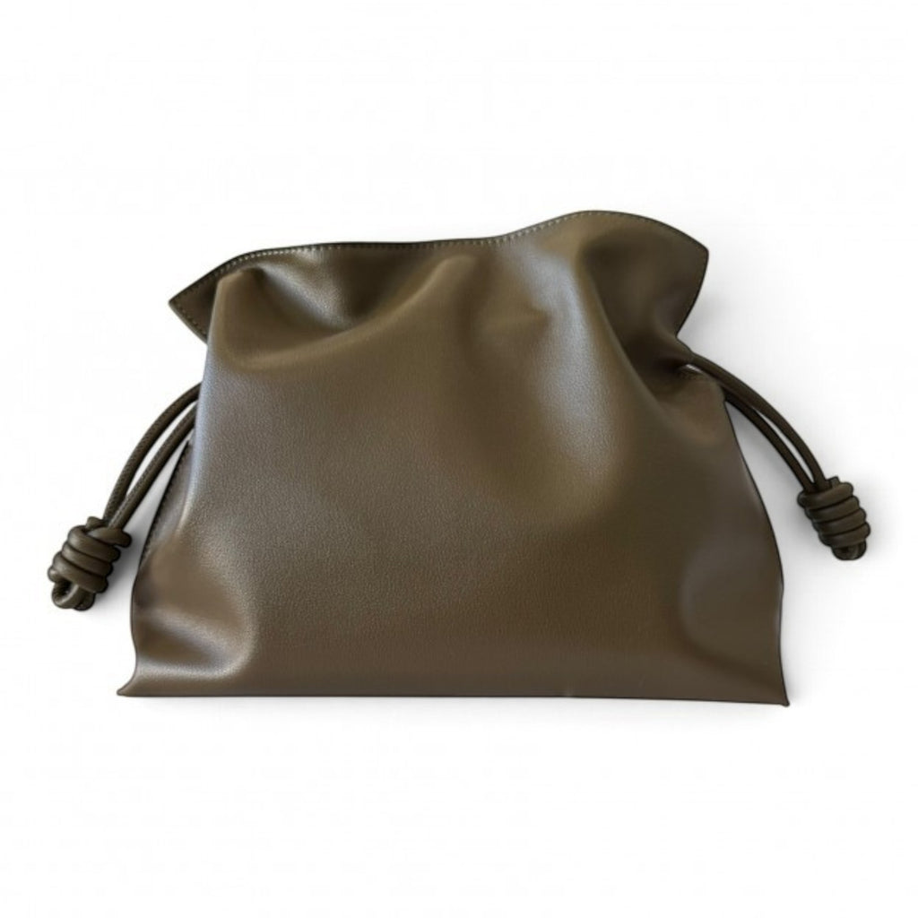 ShoeShop olive green soft leather pouch bag with a drawstring closure and knotted side details