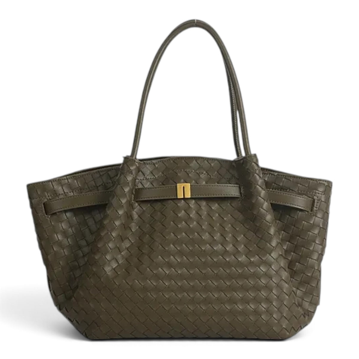 ShoeShop olive green woven leather handbag with a magnetic clasp and detachable shoulder strap