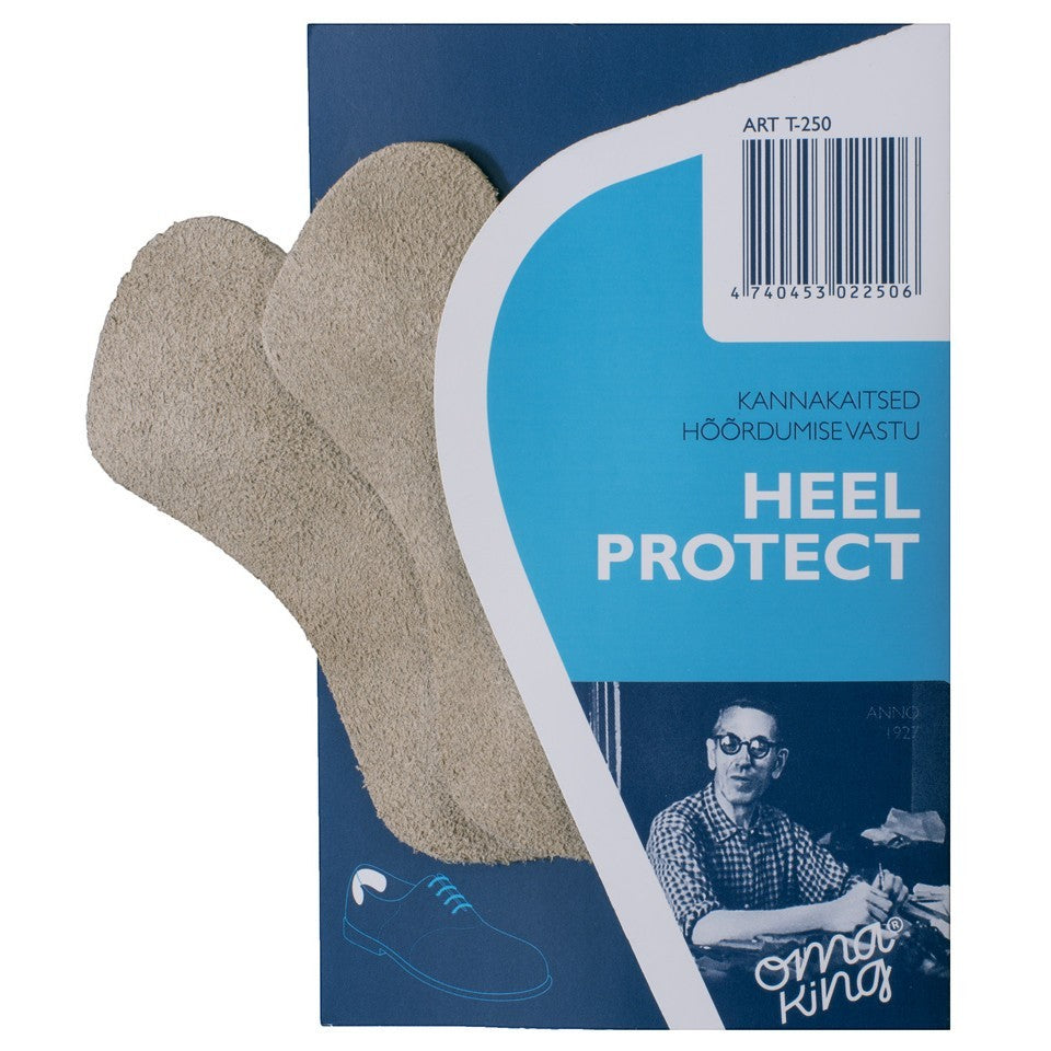 ShoeShop OmaKing beige suede heel protectors in original blue and white packaging for shoe comfort and protection