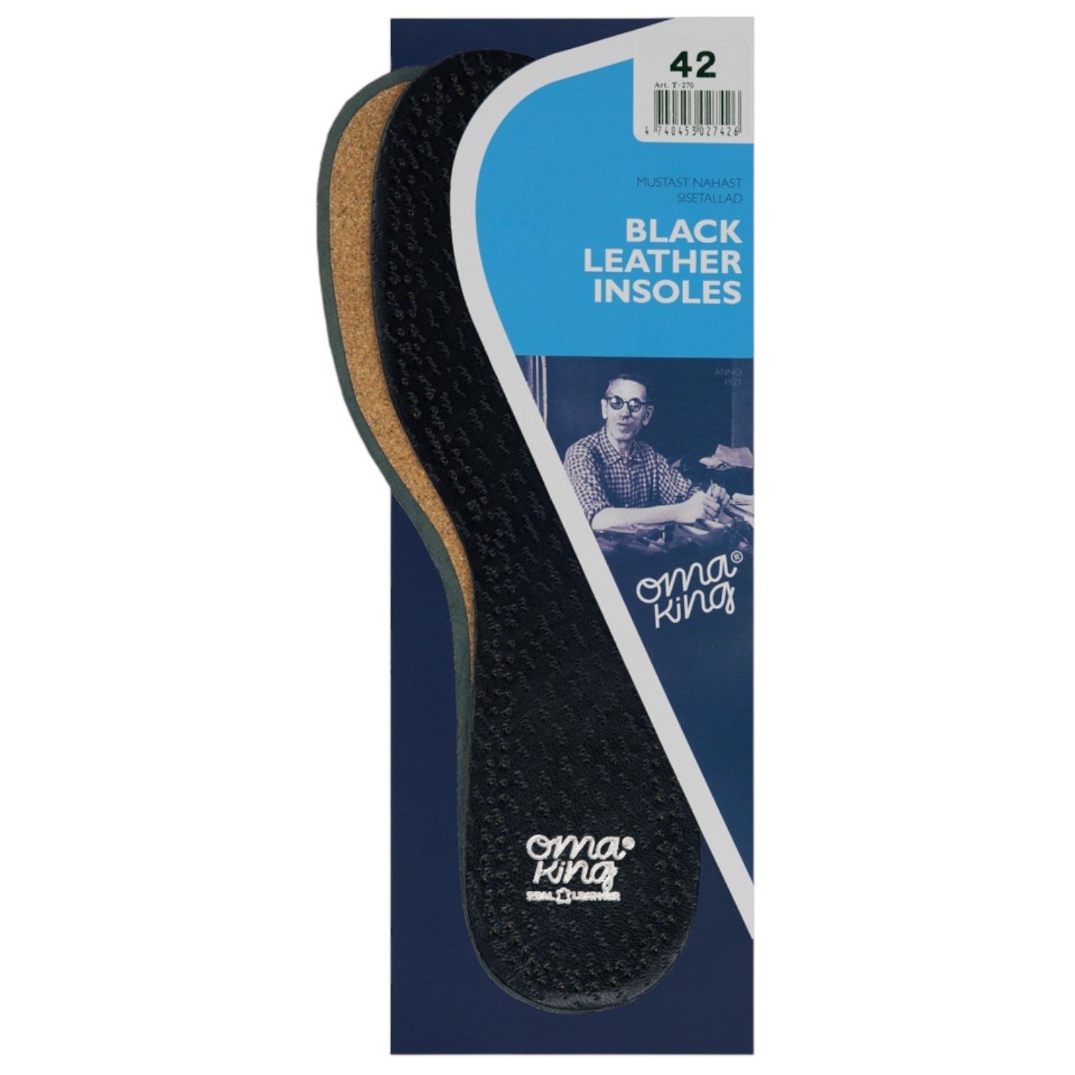 ShoeShop OmaKing black leather and natural cork insoles in retail packaging