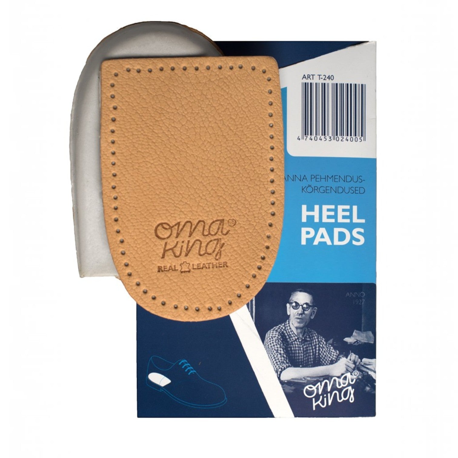 ShoeShop OmaKing tan leather heel cushion insert for pain relief and improved shoe fit in original packaging