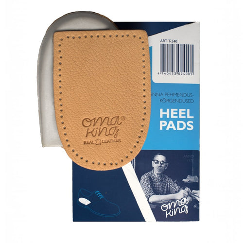ShoeShop OmaKing tan leather heel cushion insert for pain relief and improved shoe fit in original packaging